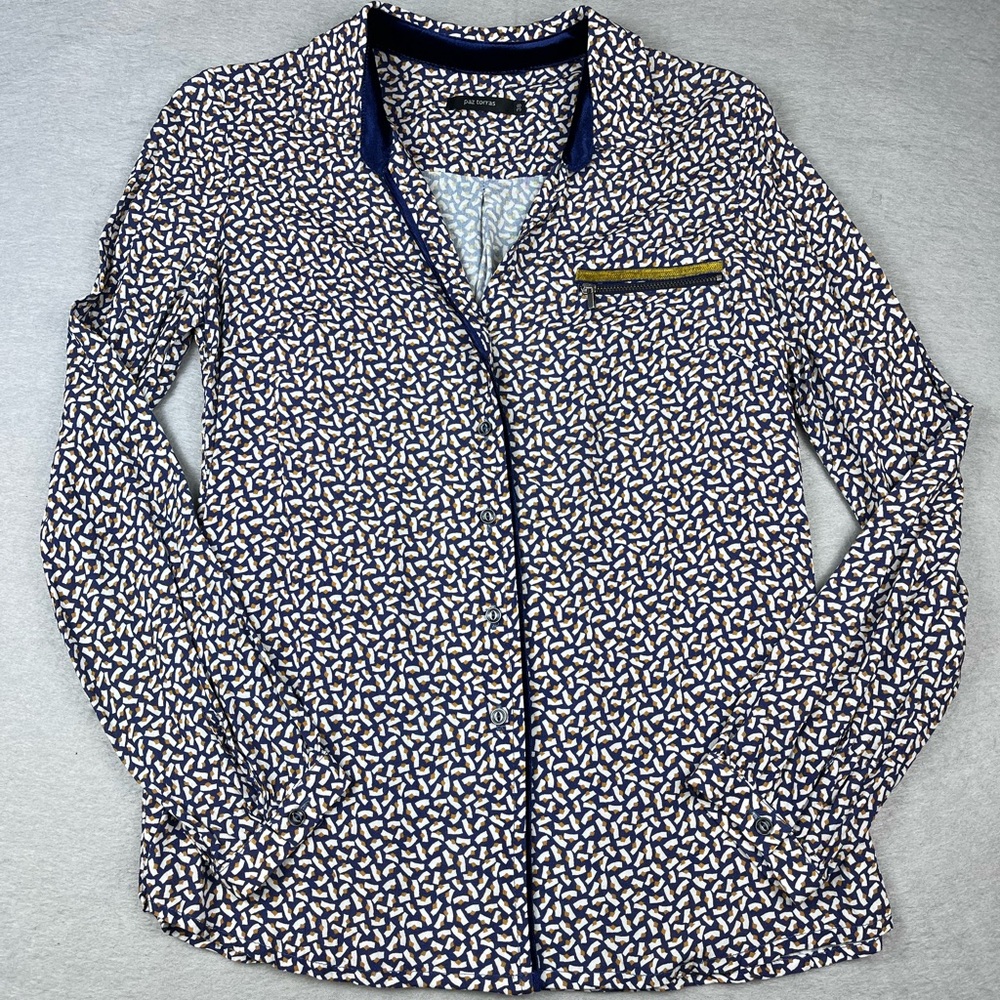 Paz Torras Spain Shirt Womens 38 Blue & Yellow Cotton Top Blouse Long Sleeve M